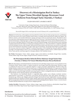 Discovery of a Mississippian Reef in Turkey: Th E Upper Viséan Microbial-Sponge-Bryozoan-Coral Bioherm from Kongul Yayla (Taurides, S Turkey)