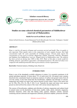 Studies on Some Selected Chemical Parameters of Siddheshwar Reservoir of Maharashtra