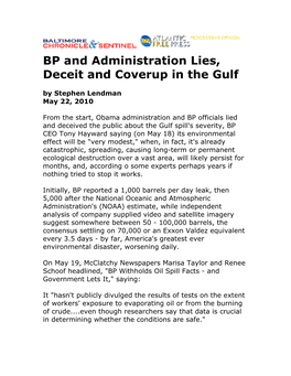 BP and Administration Lies, Deceit and Coverup in the Gulf by Stephen Lendman May 22, 2010