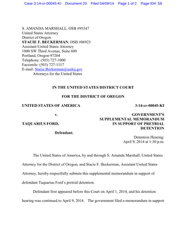 S. AMANDA MARSHALL, OSB #95347 United States Attorney District of Oregon STACIE F. BECKERMAN, OSB #06923 Assistant United States