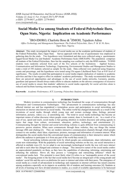 Social Media Use Among Students of Federal Polytechnic Ilaro, Ogun State, Nigeria: Implication on Academic Performance