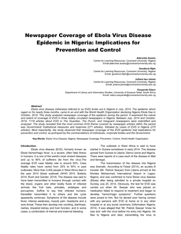 Newspaper Coverage of Ebola Virus Disease Epidemic in Nigeria: Implications for Prevention and Control