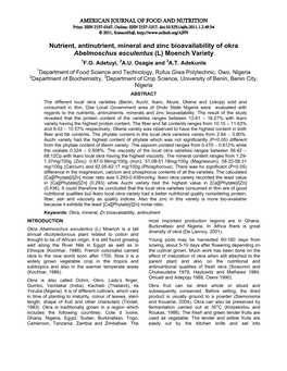 Nutrient, Antinutrient, Mineral and Zinc Bioavailability of Okra Abelmoschus Esculentus (L) Moench Variety 1F.O