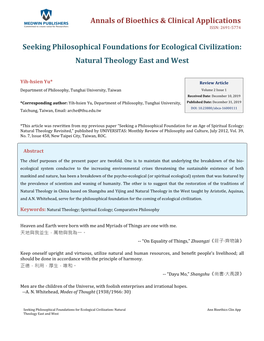 Yih-Hsien Yu. Seeking Philosophical Foundations for Ecological Civilization: Natural Theology East and West. Ann Bioethics Clin