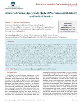 Ahmed S and Md. Shafiul Islam. Aquilaria Crassna (Agarwood): Study of Pharmacological Activity Copyright© Ahmed S and Md