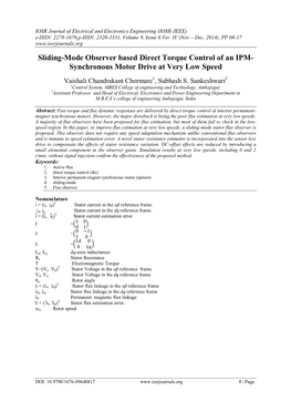 Sliding-Mode Observer Based Direct Torque Control of an IPM- Synchronous Motor Drive at Very Low Speed