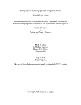 Satiety Induced by Neuropeptide FF and Gastrin in Birds Amanda Lynn