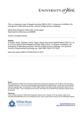 Negative Priming 1985 to 2015 : a Measure of Inhibition, the Emergence of Alternative Accounts, and the Multiple Process Challenge