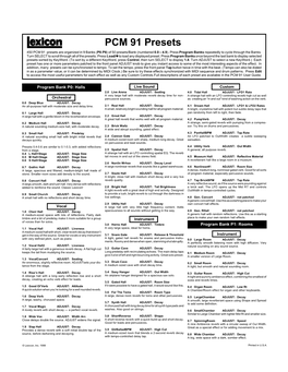 PCM 91 Presets PCM 91 Presets 450 PCM 91 Presets Are Organized in 9 Banks (P0-P8) of 50 Presets/Bank (Numbered 0.0 Ð 4.9)