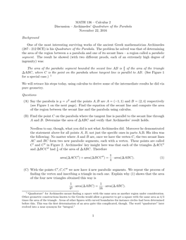 MATH 136 – Calculus 2 Discussion – Archimedes' Quadrature of the Parabola November 22, 2016 Background One of the Most