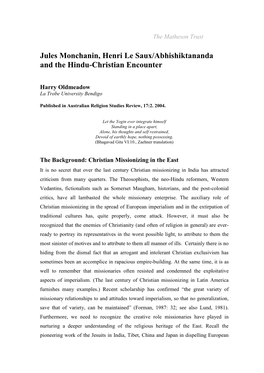 Jules Monchanin, Henri Le Saux/Abhishiktananda and the Hindu-Christian Encounter