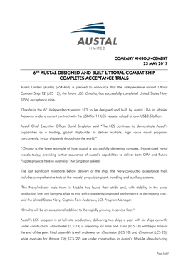 6Th Austal Designed and Built Littoral Combat Ship Completes Acceptance Trials