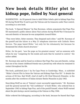 New Book Details Hitler Plot to Kidnap Pope, Foiled by Nazi General