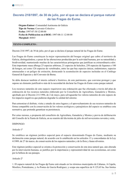 Decreto 218/1997, De 30 De Julio, Por El Que Se Declara El Parque Natural De Las Fragas Do Eume