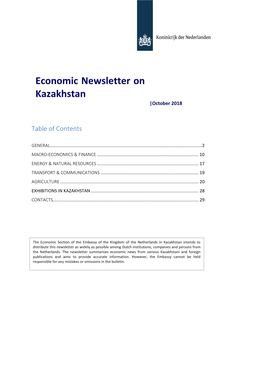 Economic Newsletter on Kazakhstan Appears Every Month and Is Distributed by E-Mail