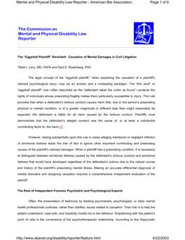 Eggshell Plaintiff” Revisited: Causation of Mental Damages in Civil Litigation