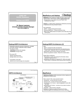 COSC 416 Nosql Databases Hadoop and HDFS Mapreduce