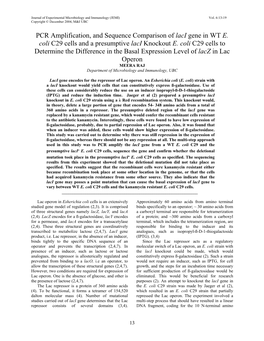 E. Coli C29 Cells and a Presumptive Laci Knockout E