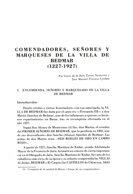 Comendadores, Señores Y Marqueses De La Villa De Bedmar ( 1227-1927)