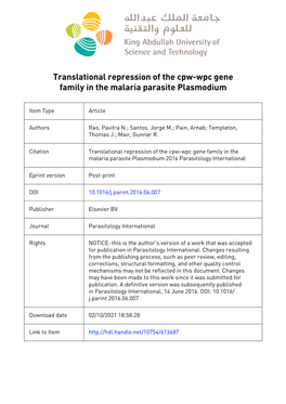 Translational Repression of the Cpw-Wpc Gene Family in the Malaria Parasite Plasmodium