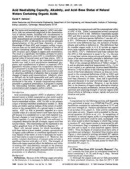 Acid Neutralizing Capacity, Alkalinity, and Acid-Base Status of Natural Waters Containing Organic Acids