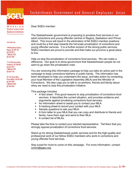 Dear SGEU Member: the Saskatchewan Government Is Proposing to Privatize Food Services in Our Adult Corrections and Young Offende