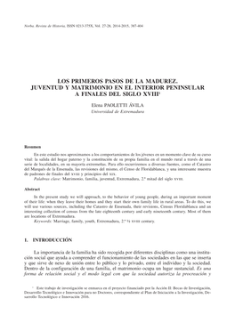 Los Primeros Pasos De La Madurez. Juventud Y Matrimonio En El Interior Peninsular a Finales Del Siglo Xviii1