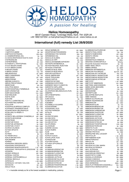 Helios Homoeopathy International (Full) Remedy List 26/8/2020