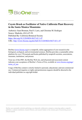 Coyote Brush As Facilitator of Native California Plant Recovery in the Santa Monica Mountains Author(S): Sean Brennan, Paul S