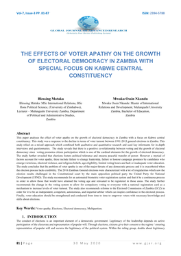 The Effects of Voter Apathy on the Growth of Electoral Democracy in Zambia with Special Focus on Kabwe Central Constituency