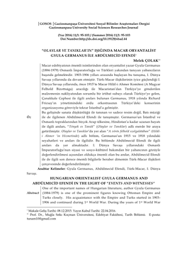 “OLAYLAR VE TANIKLAR'in” Iġiğinda MACAR ORYANTALĠST GYULA GERMANUS ĠLE ABDÜLMECĠD EFENDĠ* Melek ÇOLAK** HUNGARIAN