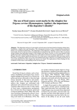 The Use of Food Source Scent Marks by the Stingless Bee Trigona Corvina (Hymenoptera: Apidae): the Importance of the Depositor’S Identity1