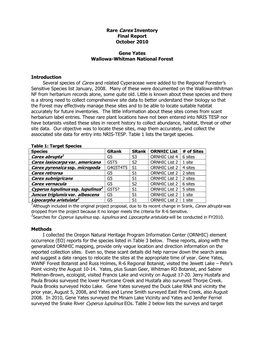 Rare Carex Inventory Final Report October 2010 Gene Yates Wallowa