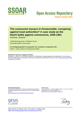 The Communist Menace in Finsterwolde: Conspiring Against Local Authorities? a Case Study an the Dutch Battle Against Communism, 1945-1951 Keesman, Susanne