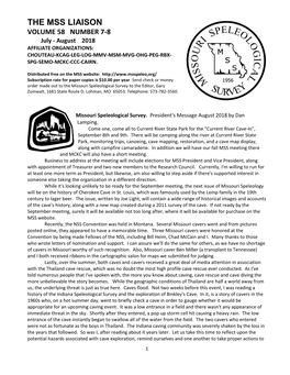 THE MSS LIAISON VOLUME 58 NUMBER 7-8 July - August 2018 AFFILIATE ORGANIZATIONS: CHOUTEAU-KCAG-LEG-LOG-MMV-MSM-MVG-OHG-PEG-RBX- SPG-SEMO-MCKC-CCC-CAIRN