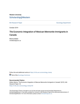 The Economic Integration of Mexican Mennonite Immigrants in Canada