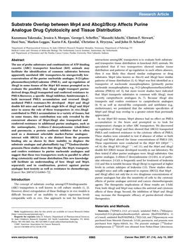 Substrate Overlap Between Mrp4 and Abcg2/Bcrp Affects Purine Analogue Drug Cytotoxicity and Tissue Distribution