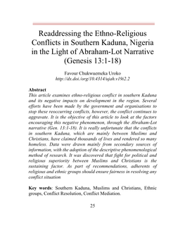 Readdressing the Ethno-Religious Conflicts in Southern Kaduna, Nigeria in the Light of Abraham-Lot Narrative (Genesis 13:1-18)