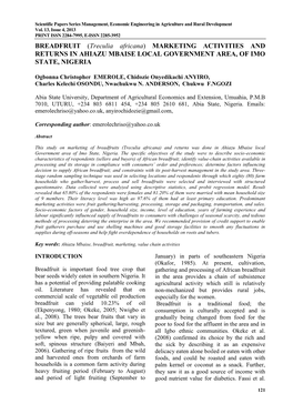 BREADFRUIT (Treculia Africana) MARKETING ACTIVITIES and RETURNS in AHIAZU MBAISE LOCAL GOVERNMENT AREA, of IMO STATE, NIGERIA