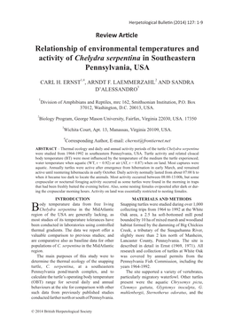 Relationship of Environmental Temperatures and Activity of Chelydra Serpentina in Southeastern Pennsylvania, USA