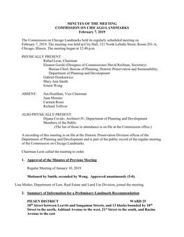 MINUTES of the MEETING COMMISSION on CHICAGO LANDMARKS February 7, 2019