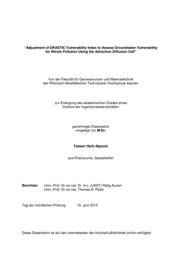 Adjustment of DRASTIC Vulnerability Index to Assess Groundwater Vulnerability for Nitrate Pollution Using the Advection Diffusion Cell”