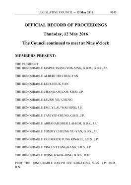 OFFICIAL RECORD of PROCEEDINGS Thursday, 12 May