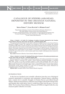 Catalogue of Spiders (Araneae) Deposited in the Croatian Natural History Museum
