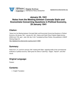 January 29, 1941 Notes from the Meeting Between Comrade Stalin and Economists Concerning Questions in Political Economy, 29 January 1941