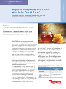 Sugars in Honey Using HPAE-PAD: HPAE-PAD: Using Sugars Honey in SUGARS in HONEY in SUGARS