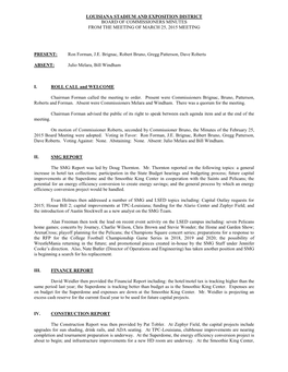 Louisiana Stadium and Exposition District Board of Commissioners Minutes from the Meeting of March 25, 2015 Meeting