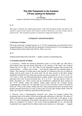 The Old Testament in Its Context: 3 from Joshua to Solomon by K a Kitchen Lecturer in the School of Archaeology and Oriental Studies, Liverpool University