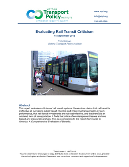 Evaluating Rail Transit Criticism 15 September 2016