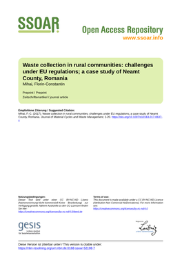 Waste Collection in Rural Communities: Challenges Under EU Regulations; a Case Study of Neamt County, Romania Mihai, Florin-Constantin